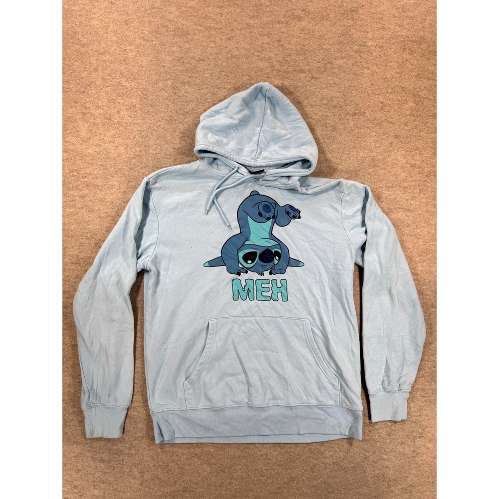 Disney Stitch Hoodie Mens M Light Blue Graphic Fleece Lined Pullover MEH